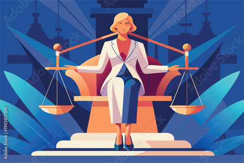 Powerful Female Judge Sitting on Bench with Gavel and Scales of Justice Background, Legal Leadership Concept
