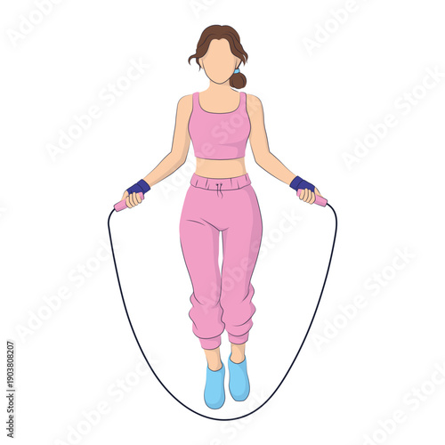 Flat vector illustration of a young woman jumping rope. Female athlete doing cardio boxing workout. Fitness training, warm up, active lifestyle concept isolated on white.