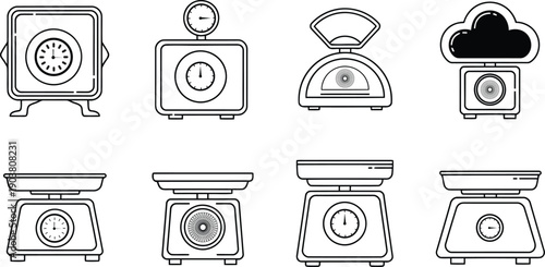 Collection of eight diverse kitchen scale in black and white line on white Keywords: scale