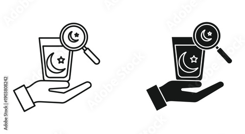Hand drawn magnifying glass analyzing laptop with happy face and settings icon for business success and productivity