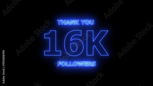 Thank you 16K followers. 16,000 followers realistic neon sign on the black background animation. confetti party effects, social media milestone motion graphics animation.