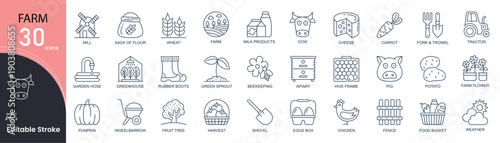 Farm related line icons set. Bundle of house, tractor, milk products, cow, cheese, carrot, garden, greenhouse, beekeeping and other . Editable stroke.