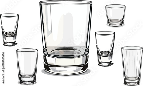 Six empty clear glasses on white background empty glasses shot glasses drinking glasses