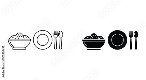 Simple black and white table setting illustration with dinnerware and cutlery