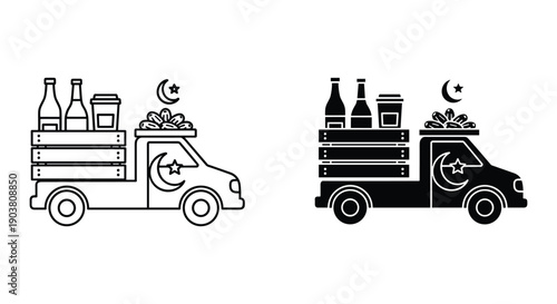 Ramadan Food Delivery Truck Illustration with Bottles and Crescent Moon
