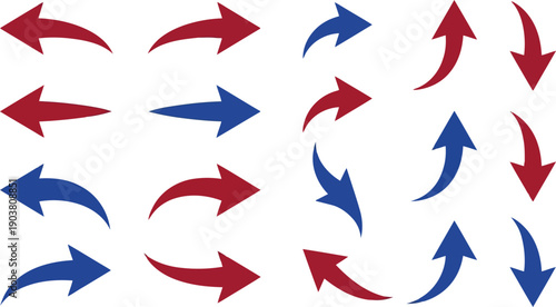 Collection of red and blue directional arrows pointing in various directions against a clean white background for design projects