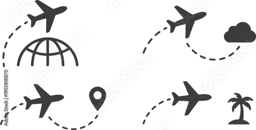 Collection of simple airplane travel icons depicting journeys around the globe with weather and destination markers
