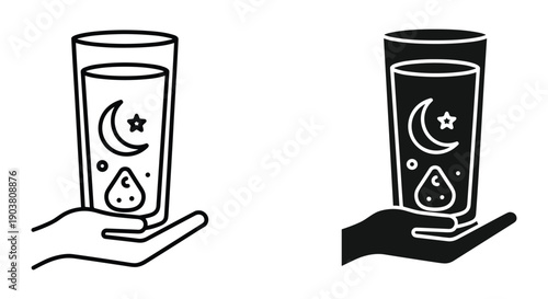 Hand Holding Glass with Celestial Design, Moon and Star Symbolism, Simple Line Art Style