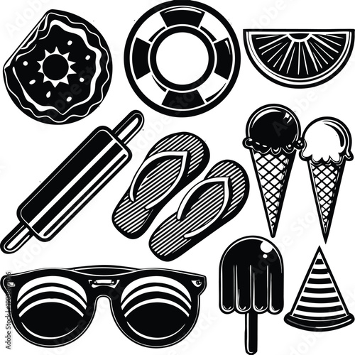 Big summer vacations icon set. Vector thin line illustrations with objects, activities and places related with traveling, tourism, outdoors in the beach and mountain, camping, resorts and hotels.
