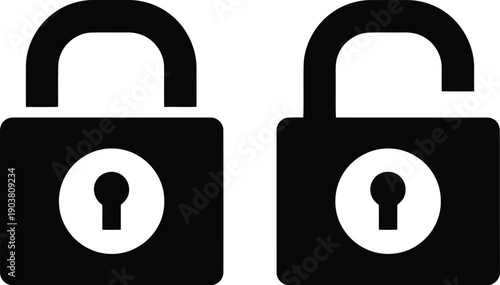 Two Padlock One Locked One Unlocked Black Solid on White keywords shown