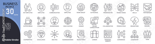 Business people concept simple line icons set. Bundle of team, employee, recruitment, partnership, consultation, brainstorm and other. Editable stroke .