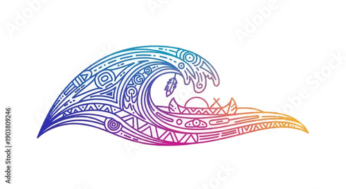 Vibrant tribal pattern wave with canoe and feather elements in gradient colors A unique stylized