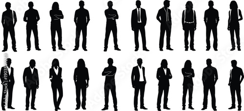 Silhouettes of business people and professionals in formal suits and casual attire, diverse collection of standing male and female figures