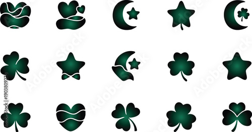 Collection of green clover moon star symbols isolated on white background for graphic design use
