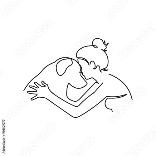 Black and white line of a woman kissing a dog on the forehead vector