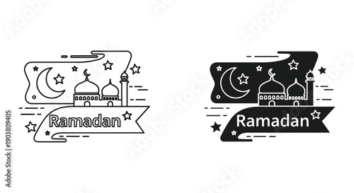 Ramadan Kareem greeting card with mosque lantern crescent moon and stars minimalist black and white doodle illustration