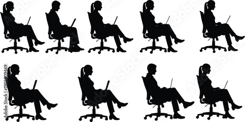 Silhouettes of business people sitting in office chairs working on laptops, professional male and female figures for corporate workplace projects