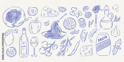 Hand draw Sketch style Pasta ingredients illustration.