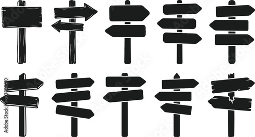 Collection of various directional wooden signposts and blank signboards with arrows pointing in different directions isolated on transparent background