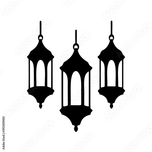 Set of three elegant black hanging lanterns with clear glass panels Vector, illustration