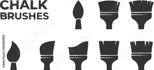 Collection of various grunge textured chalk brushes and lettering isolated on transparent background for art projects