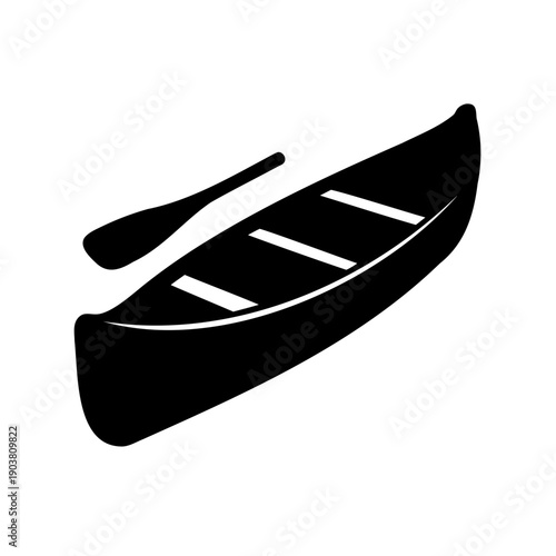 A sleek black canoe with a single wooden paddle resting inside Vector, illustration