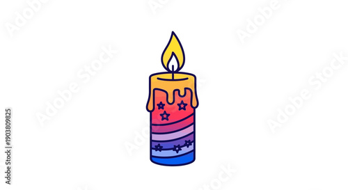 A vibrant cartoon candle illustration with colorful stripes and stars, radiating warmth and