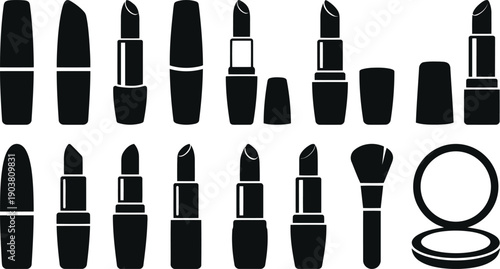 Collection of various lipstick and makeup brush silhouettes with compact mirror isolated on white background