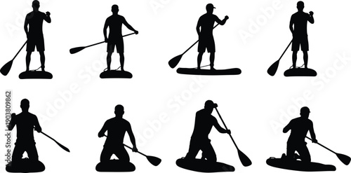 Silhouettes of men on stand up paddleboards in various rowing and kneeling poses for summer water sports and outdoor recreation