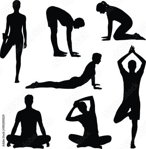 Yoga stretching exercise silhouette set with balance flexibility and relaxation poses isolated on white background for wellness fitness vector design