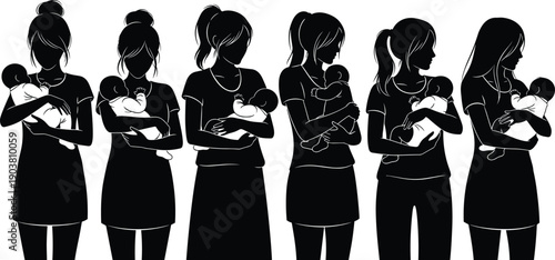 Mother holding baby silhouette set isolated on white background, maternal care, parenting, breastfeeding and newborn bonding illustration