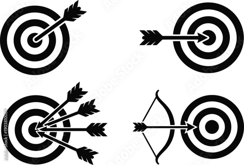 Four stylized black and white archery target and arrow illustrations showing different hit scenarios isolated on a white background