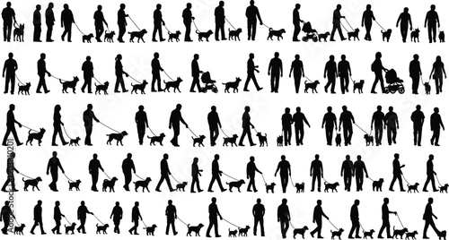 People walking dogs silhouette collection, men women families with pets, daily routine outdoor lifestyle concept illustration