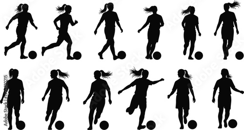 Silhouettes of female soccer players in various action poses like running, dribbling, and kicking isolated on white for sports design