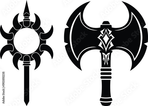 Fantasy double headed axe and spiked mace weapons