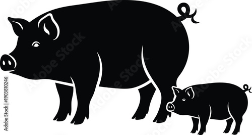 Pig and piglet silhouette farm animal illustration isolated on white background for agriculture design livestock logo and stock vector use