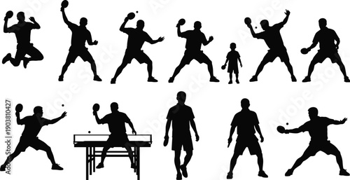 Table tennis player silhouettes set with adult and child actions isolated black vector illustration on white background for sport design