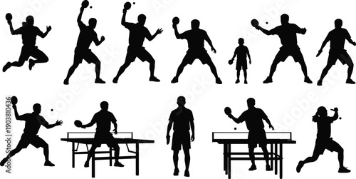 Table tennis silhouettes collection showing adult and child players performing dynamic ping pong actions isolated black vector illustration on white background