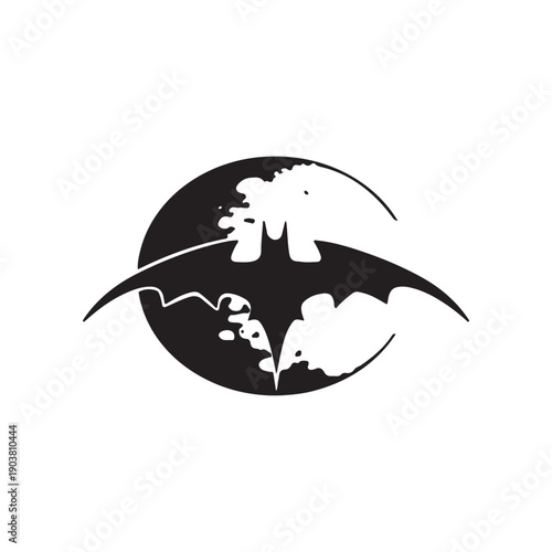 Black bat silhouette in front of a circle with white clouds vector