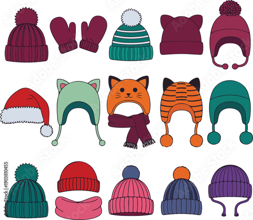 Colorful vector illustrations of winter hats and scarves with different textures and cute character ear shapes.