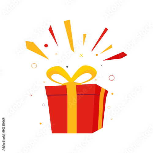 surprise Red gift box, birthday celebration, special give away package, loyalty program reward, wonder gift with exclamation mark, vector icon, flat illustration