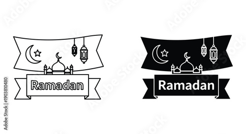 Ramadan crescent moon lantern and prayer beads minimalist banner design vector illustration