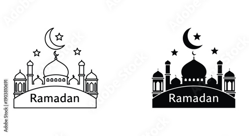 Ramadan mosque illustration with crescent moon and lanterns minimalist black and white vector art