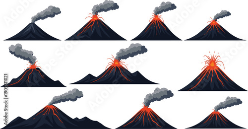 Volcano Eruption Vector Set, Active Magma Peaks With Smoke And Ash, Lava Flowing From Mountains, Natural Disaster Icons, Geologic Thermal Activity,