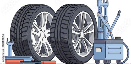 Vector illustration of car tires with tire changer machine