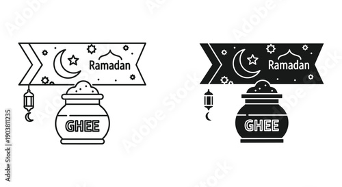 Ramadan ghee lantern jar illustration with crescent moon and stars on dark green background