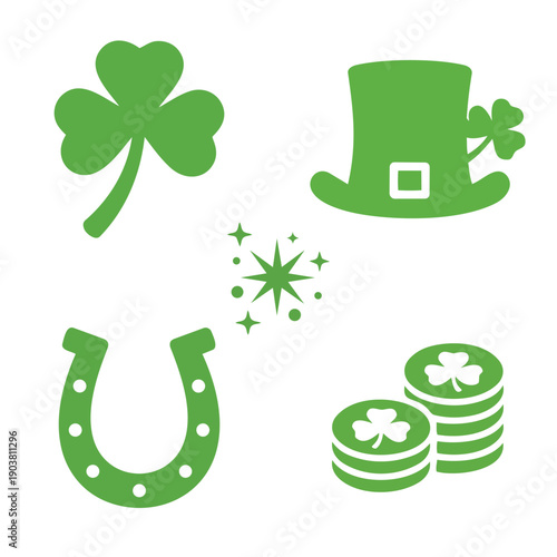 St Patricks Day Lucky Icons Set Shamrock Hat Horseshoe