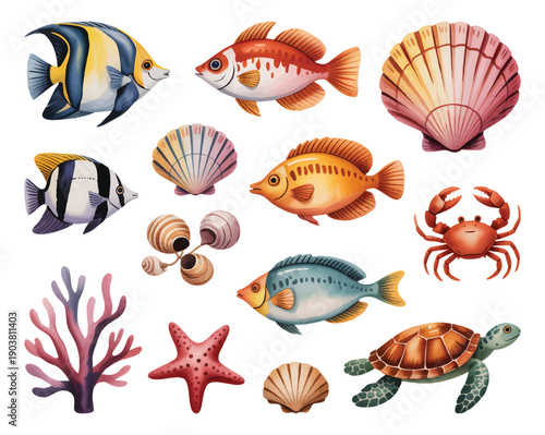 Cute Ocean Animals and Plants Watercolor Set for Birthday Invitations and Nursery Decor. Underwater marine set with fish and shells.
