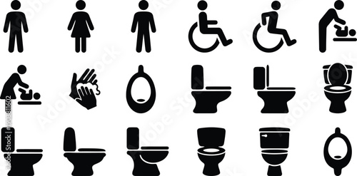 Black silhouettes of people and toilet icons for bathroom signs and symbols  universal restroom and toilet symbols