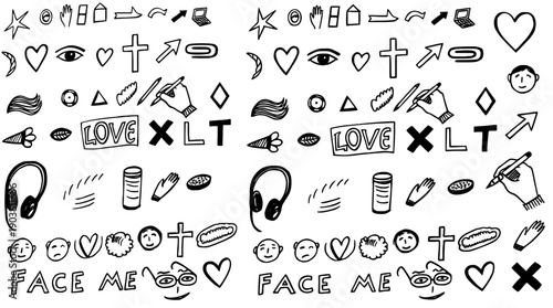 Hand-drawn doodle icon pattern featuring diverse symbols including hearts, stars, geometric shapes, expressive faces, technology devices, and spiritual elements in black outline style